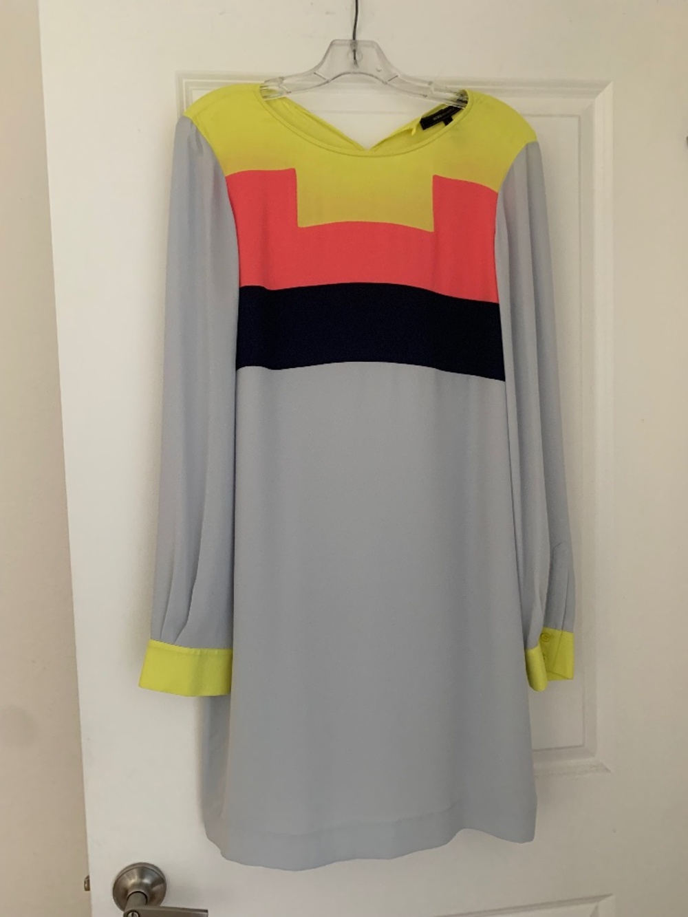 BCBGMaxAzria Dress, long sleeves, yellow, pink, navy, gray.